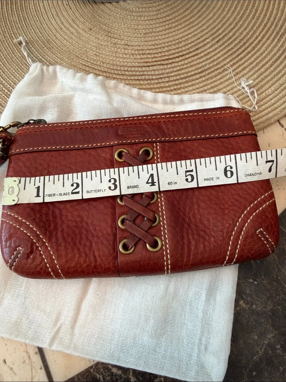 Coach Vintage Red-Brown Pebbled Leather Wristlet with Lace-Up Grommet & Tassel